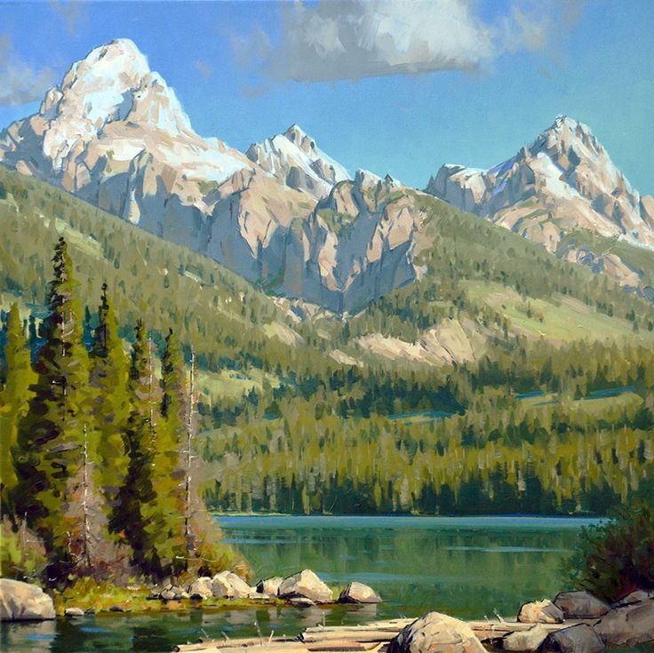 a painting of mountains and trees in the foreground, with water below them on a sunny day