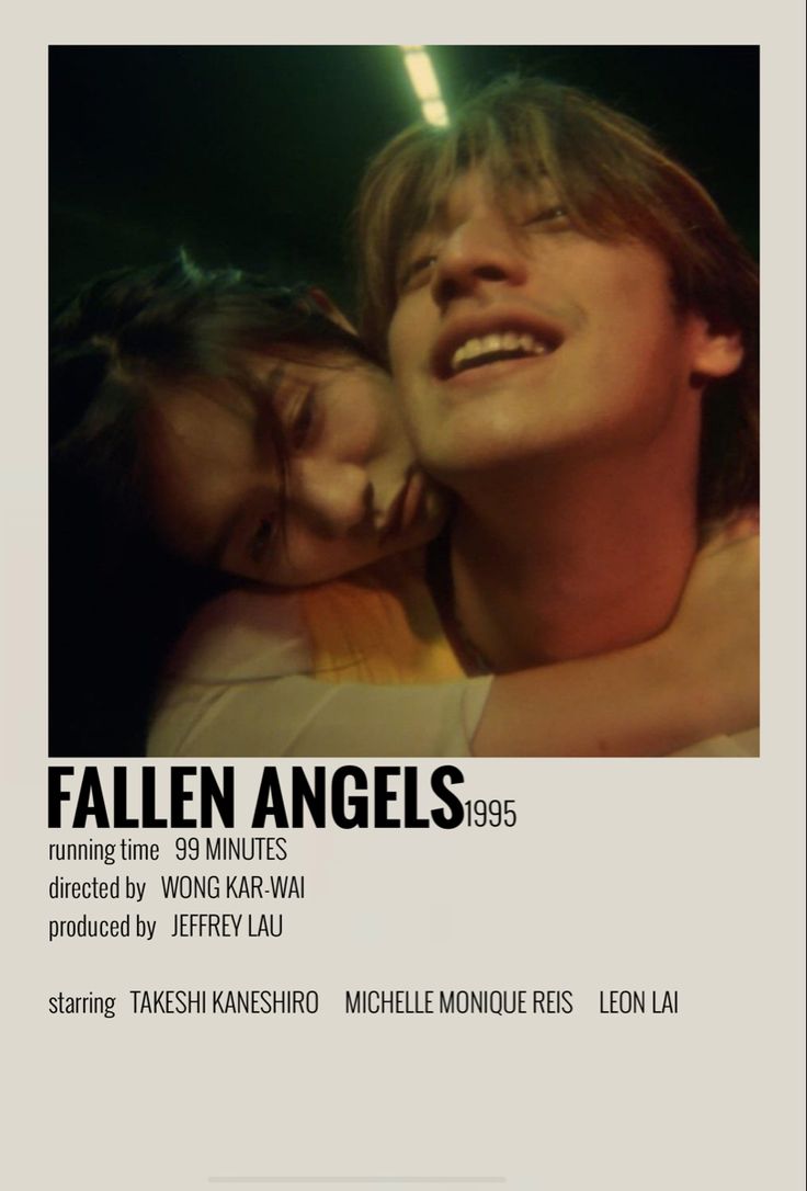 the poster for fallen angels shows two young people hugging each other and smiling at one another