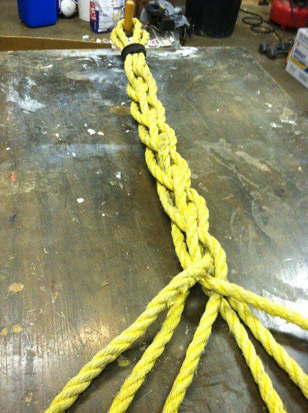 a yellow rope sitting on top of a wooden table