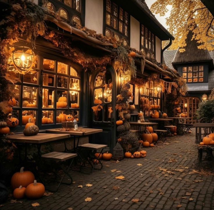 a cobblestone street with tables and pumpkins on the ground in front of it