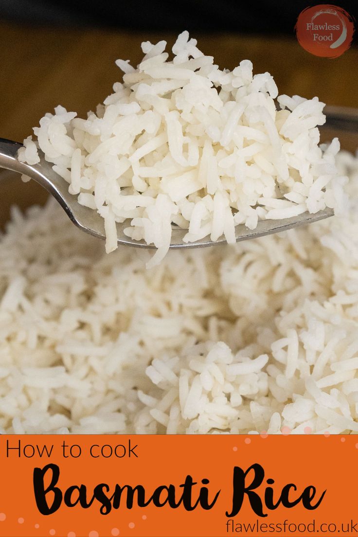 how to cook basmati rice on a spoon with text overlay that reads, how to cook basmati rice