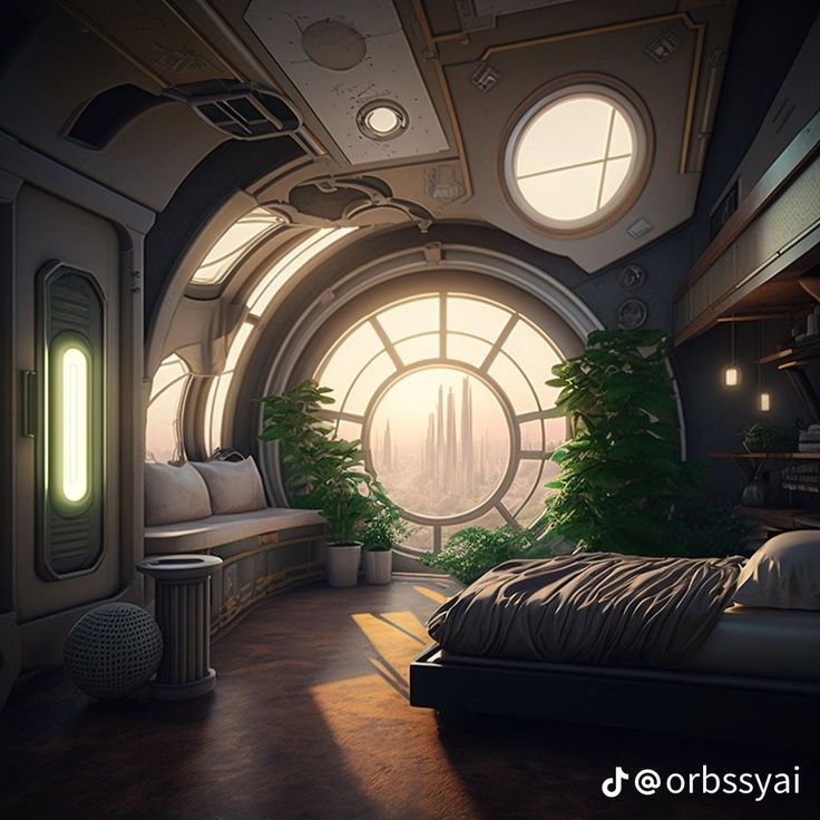 a bedroom with round windows and plants in it