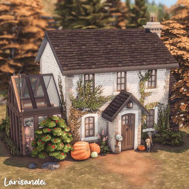 an animated house with pumpkins and trees in the front yard, surrounded by autumn foliage