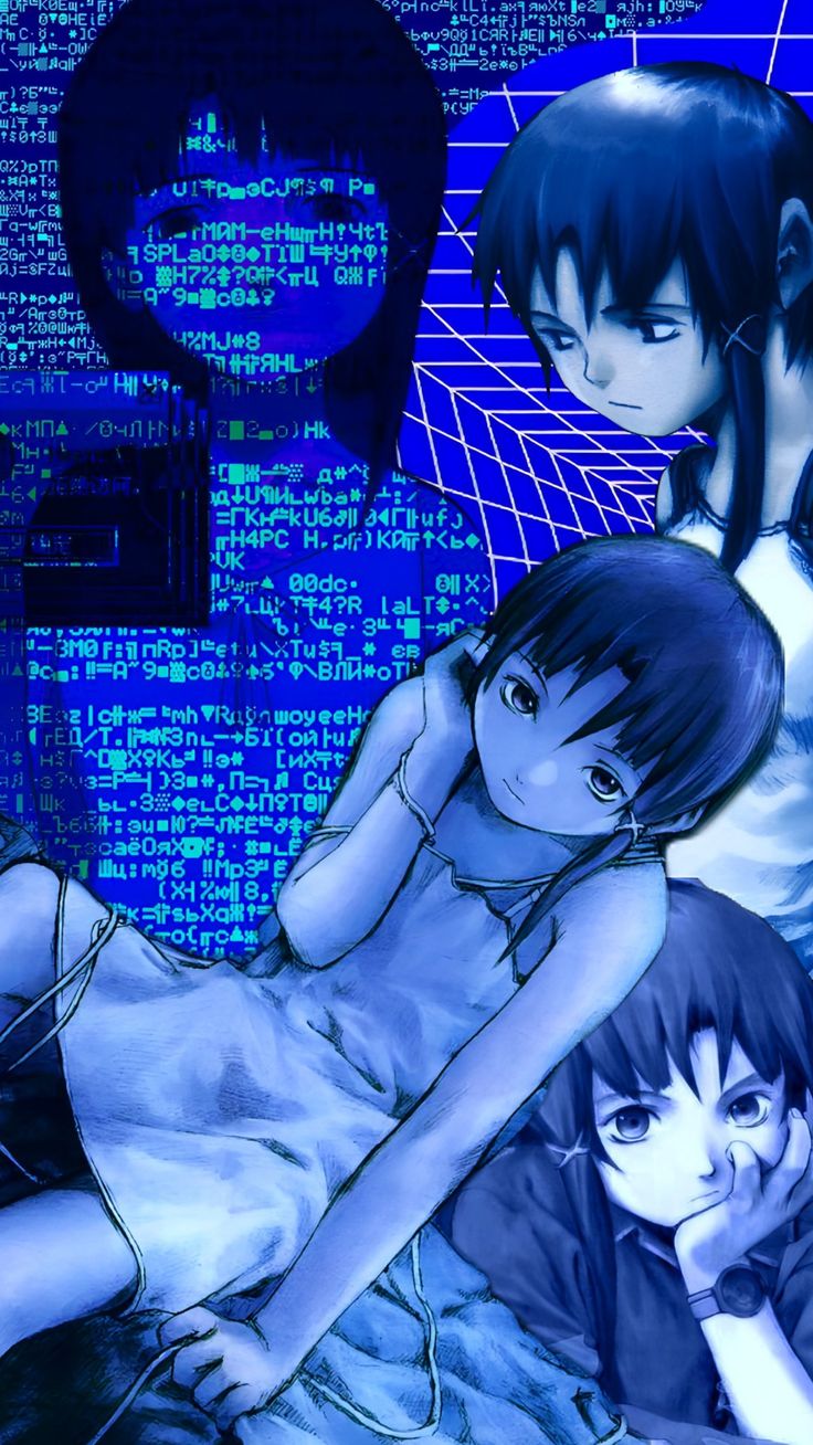 two anime characters are laying on the bed in front of an image of a computer screen