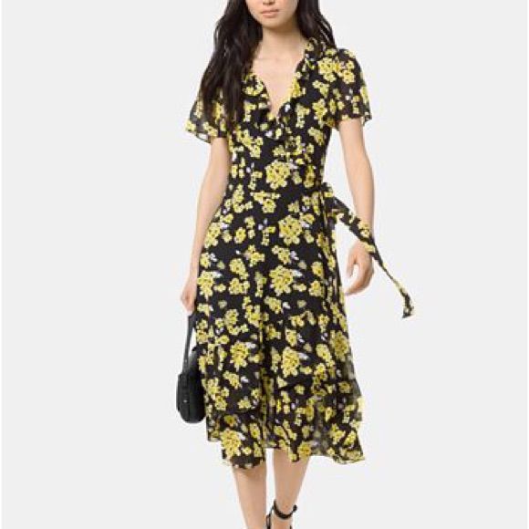 Michael Kors Black Floral Midi Wrap Dress Ruffle Wrap Dress, Midi Wrap Dress, Christy Turlington, Printed Wrap Dresses, Review Dresses, Plus Size Activewear, Michael Kors Dresses, Black Wrap Dress, Harper's Bazaar