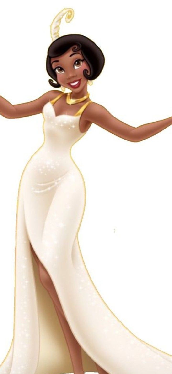 an animated woman in a white dress with her arms out and one hand extended up