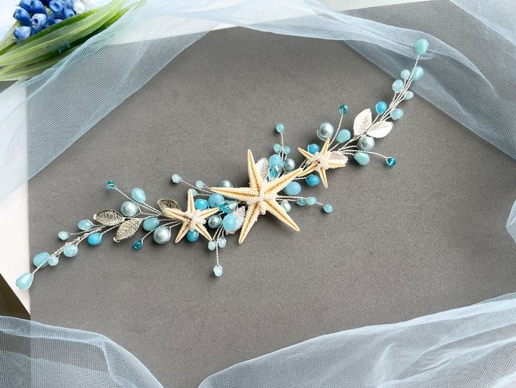 Mermaid Headdress, Mermaid Headpiece, Seashell Headband, Shell Crown, Beach Wedding Hair Accessories, Long Hair Vine, Seashell Crown, Blue Beach Wedding, Graduation Flowers