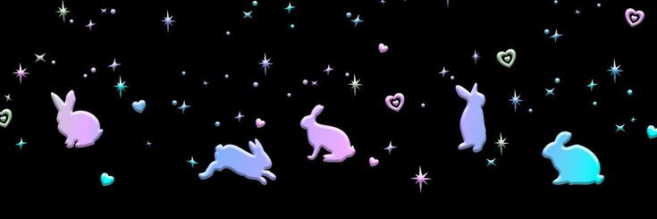 several rabbits are silhouetted against a black background with stars and hearts in the sky