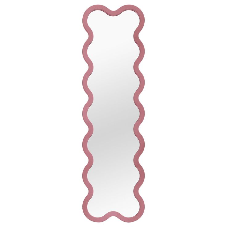 a mirror that is pink and has wavy lines on the bottom, along with a white background