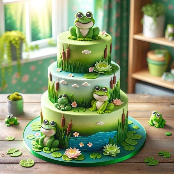 a three tiered cake decorated with frogs and water lilies on a wooden table