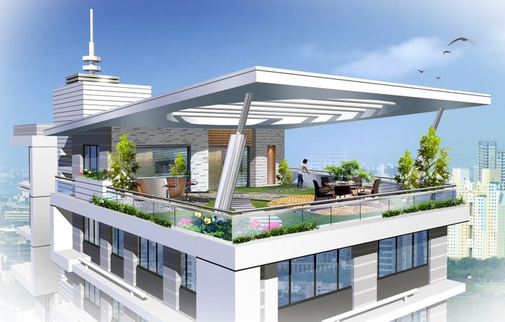 an artist's rendering of a rooftop garden on a modern apartment building in the city