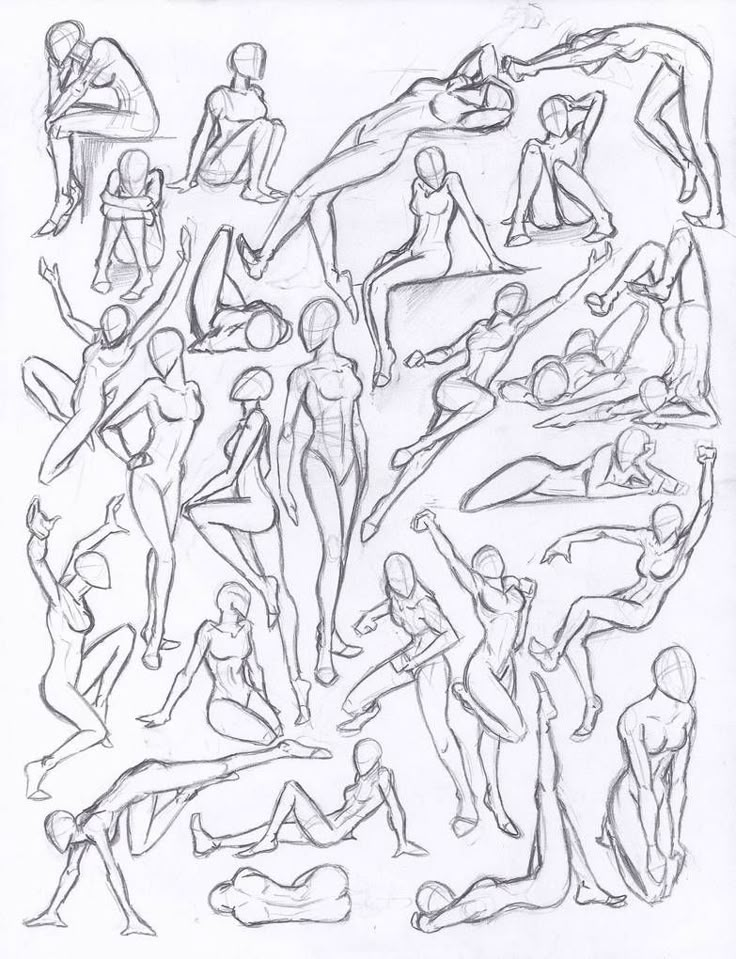 a black and white drawing of people in various poses, with one person standing on the other