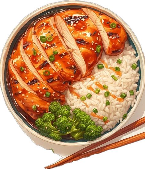 a bowl filled with rice, broccoli and chicken next to chopsticks