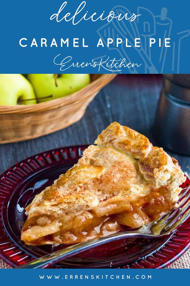 a slice of delicious caramel apple pie on a red plate with a blue background