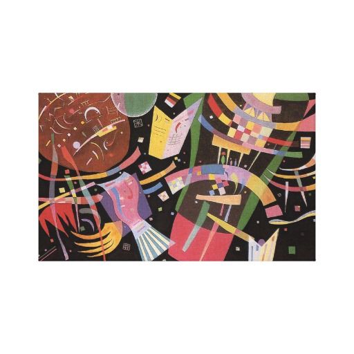 an abstract painting with shapes and lines on black background, including red, yellow, green, blue, purple, and white colors