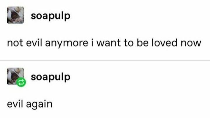 two texts that say soappup and not evil anymore i want to be loved now