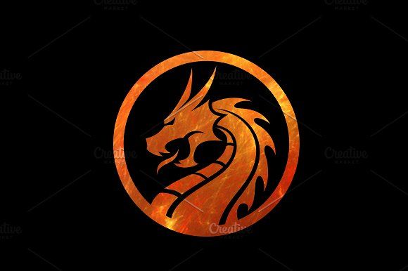 an orange and black dragon logo on a black background