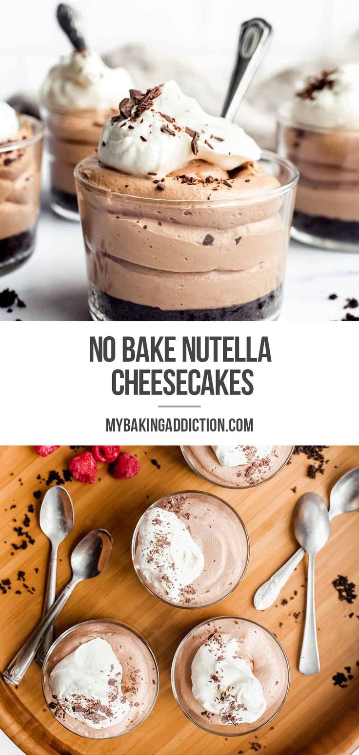 no bake nutella cheesecakes with whipped cream and chocolate shaving on top