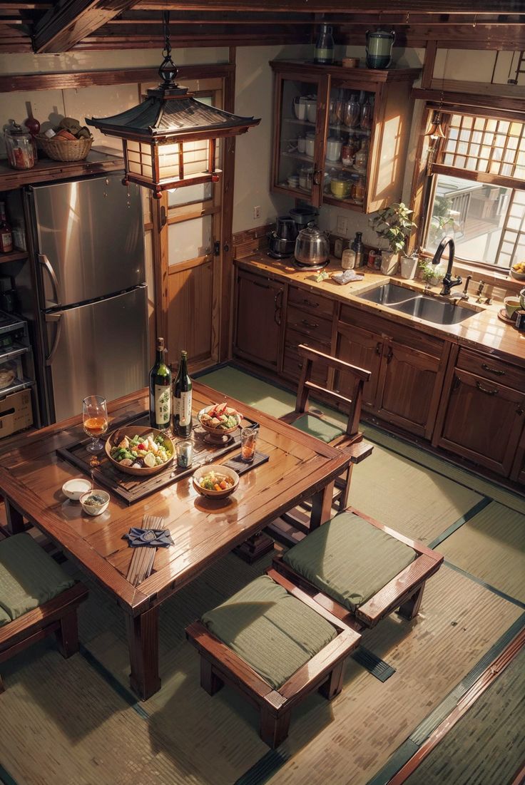 a wooden table sitting in the middle of a kitchen