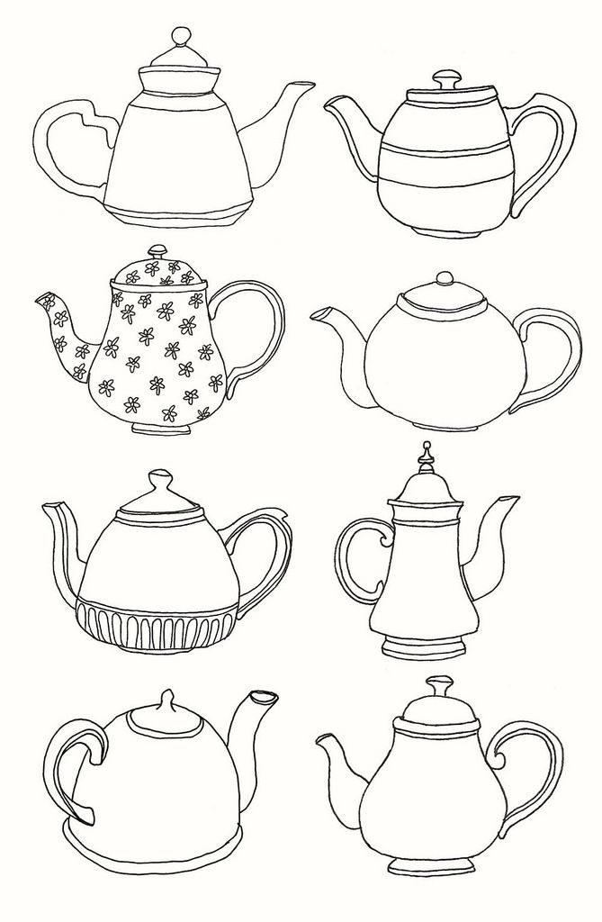 teapots and kettles are drawn in black ink on a white paper background