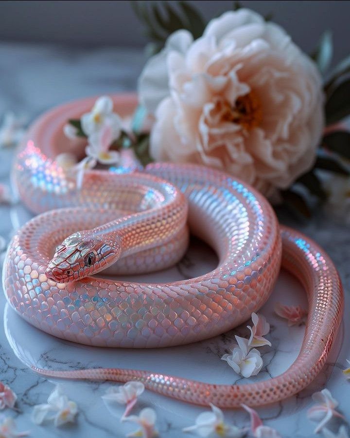 a pink snake on a white plate next to flowers and a peonie flower