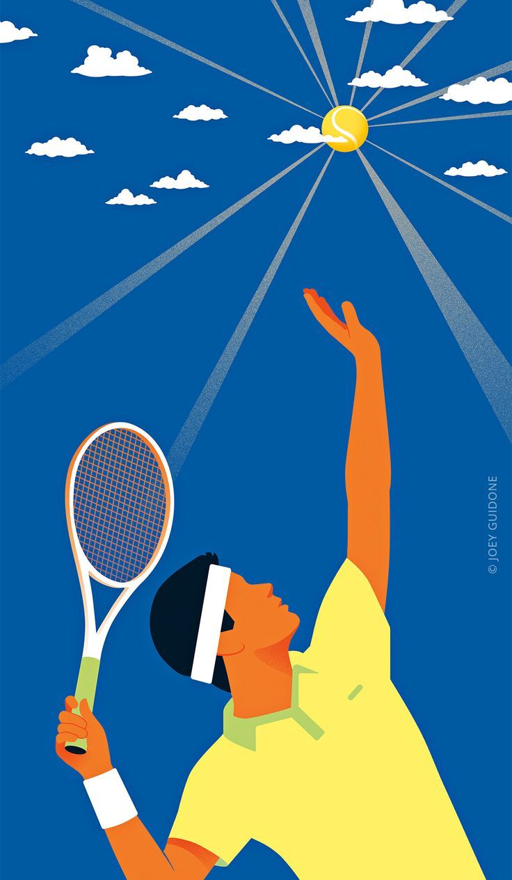 a man holding a tennis racquet on top of a blue sky with clouds