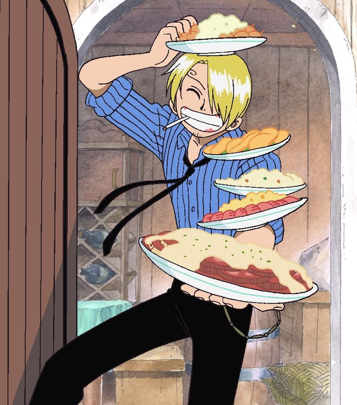 an anime character is carrying pizzas on his shoulders and pulling them up to the ceiling