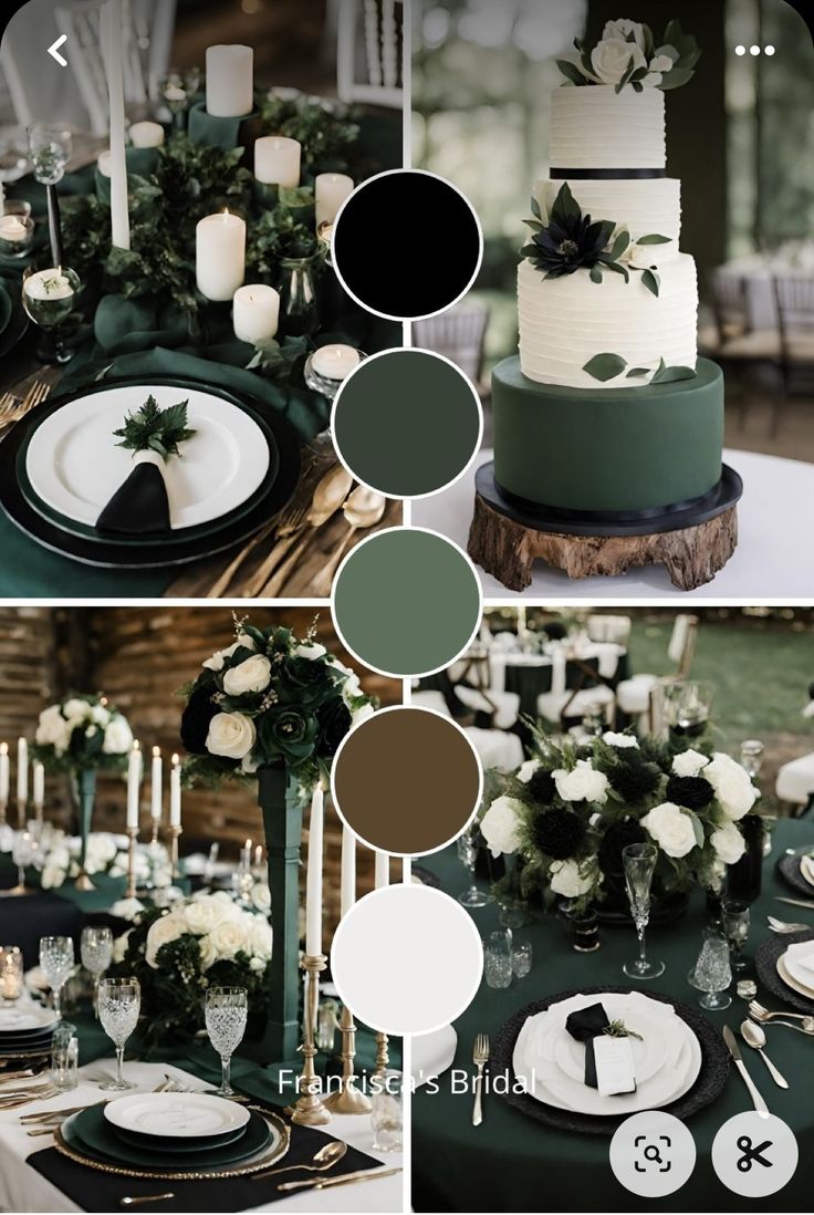 the table is set with green and white plates, candles, and flowers on it