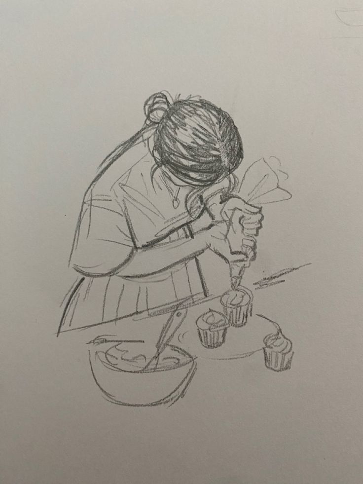 a pencil drawing of a girl making cupcakes