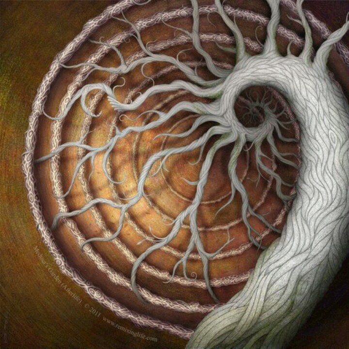 a painting of a tree with its roots in the shape of a spiral, on a brown background