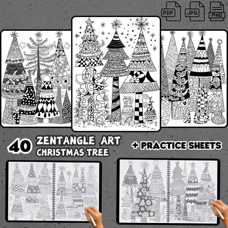 four christmas tree coloring pages for adults and children to color on the page with their hands