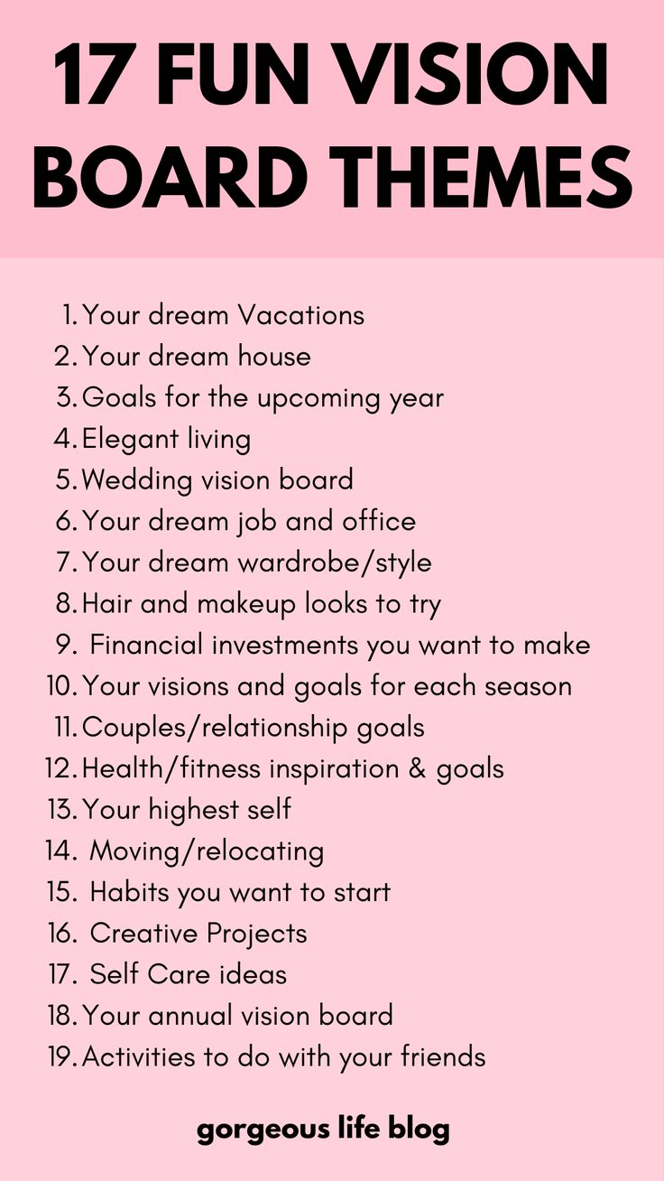 a pink poster with the words 17 fun vision board themes in black and white on it