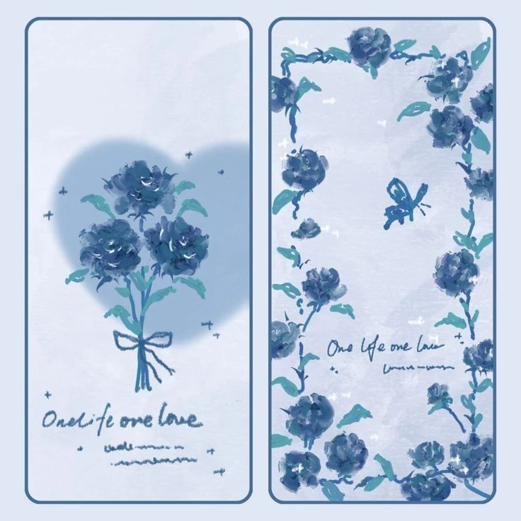 two cards with blue flowers on them, one has a heart and the other has an inscription