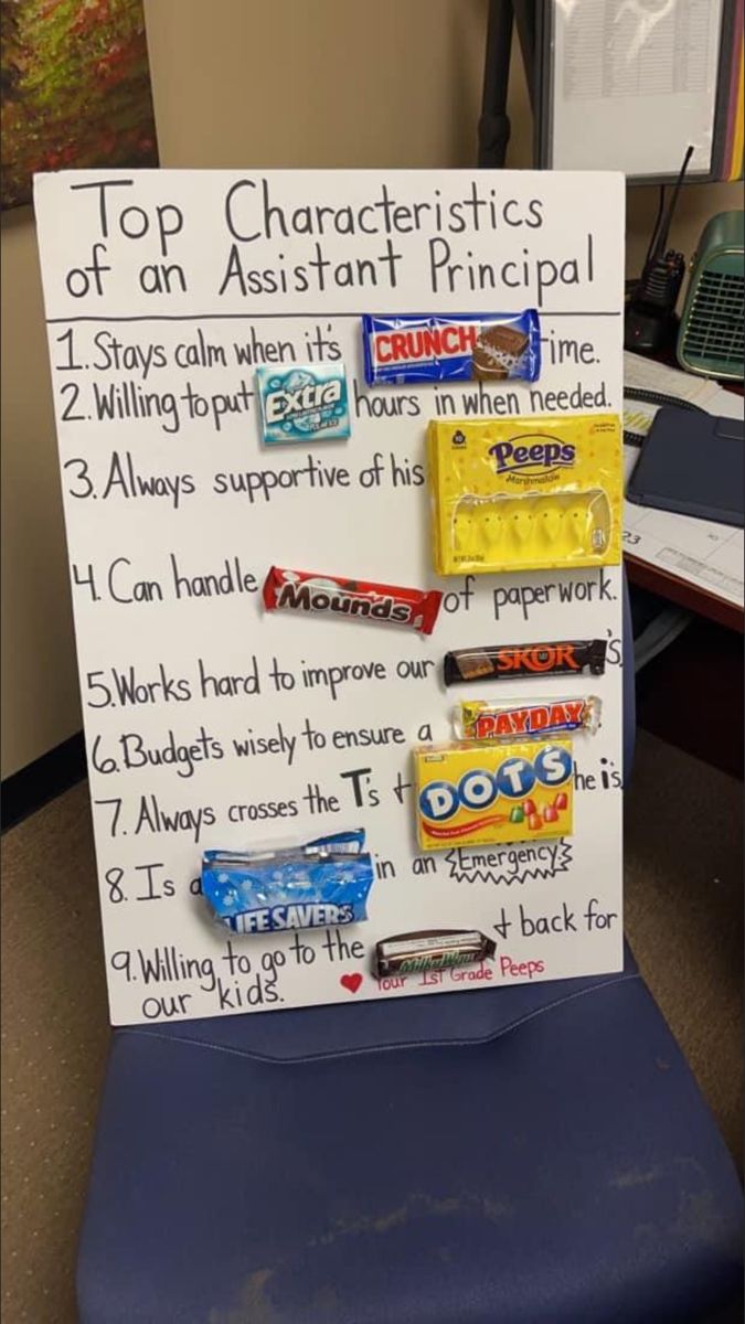 a sign that is on top of a chair in front of a desk with candy bars