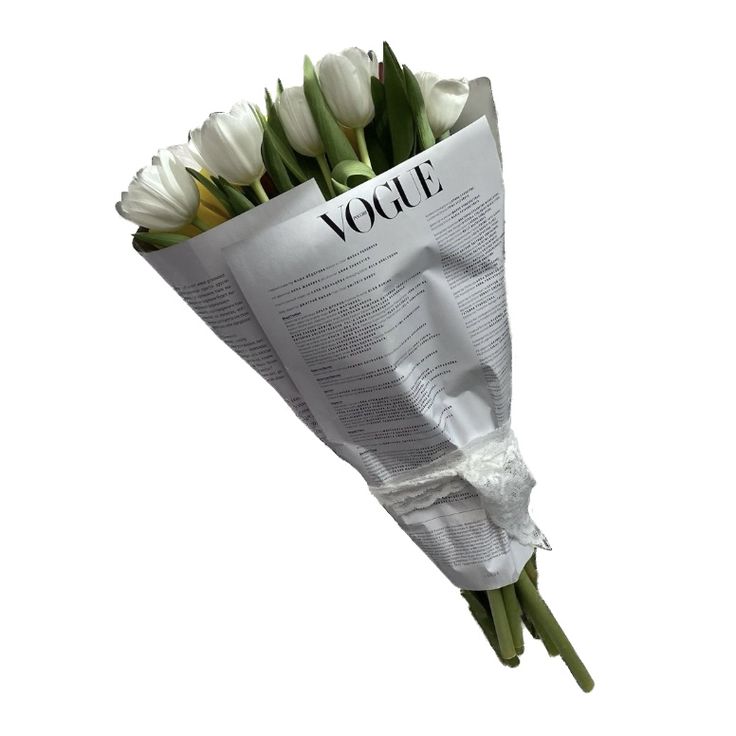 a bouquet of white tulips wrapped in paper with the word voce written on it