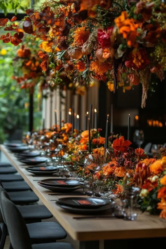 a long table is set with flowers and candles for an elegant dinner or party event