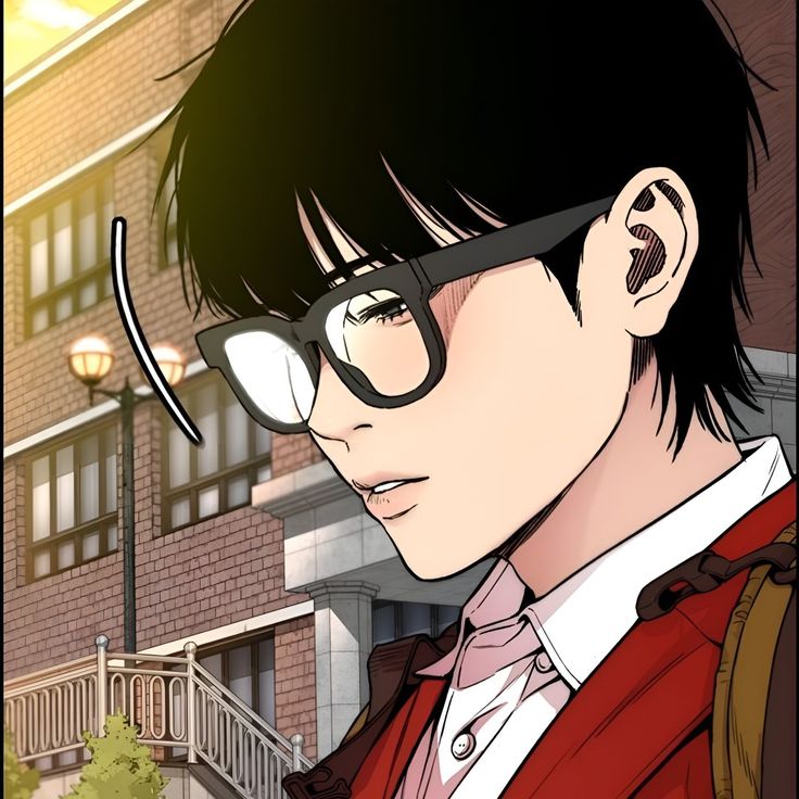 an anime character with glasses and a red jacket