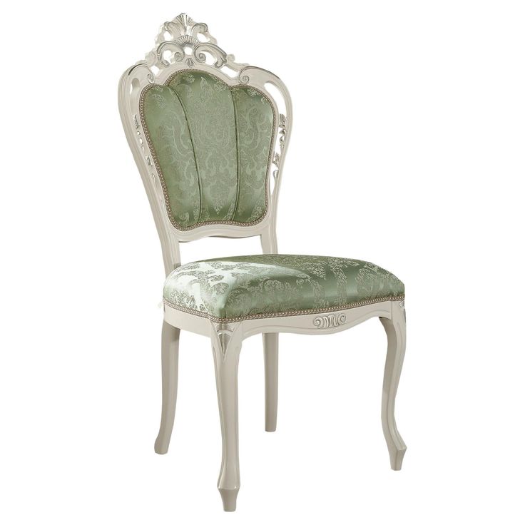 a white chair with a green upholstered seat and back cushion on top of it