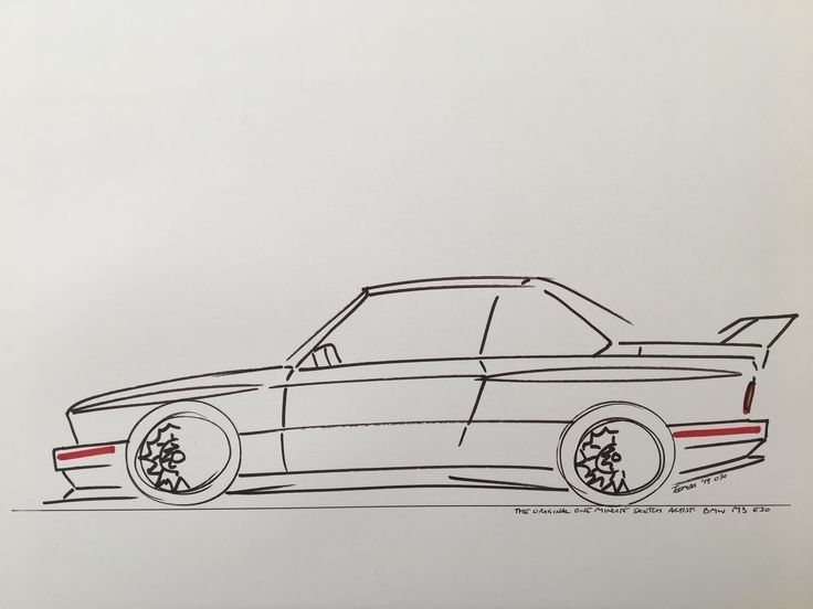 a drawing of a car in black and white with red stripes on the rims