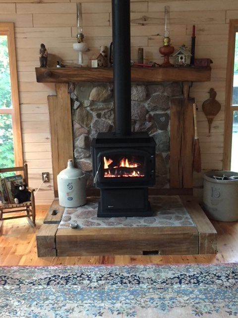 a wood burning stove sitting inside of a living room