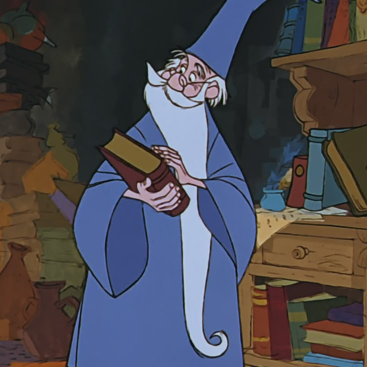 an animated wizard holding a book in his hand