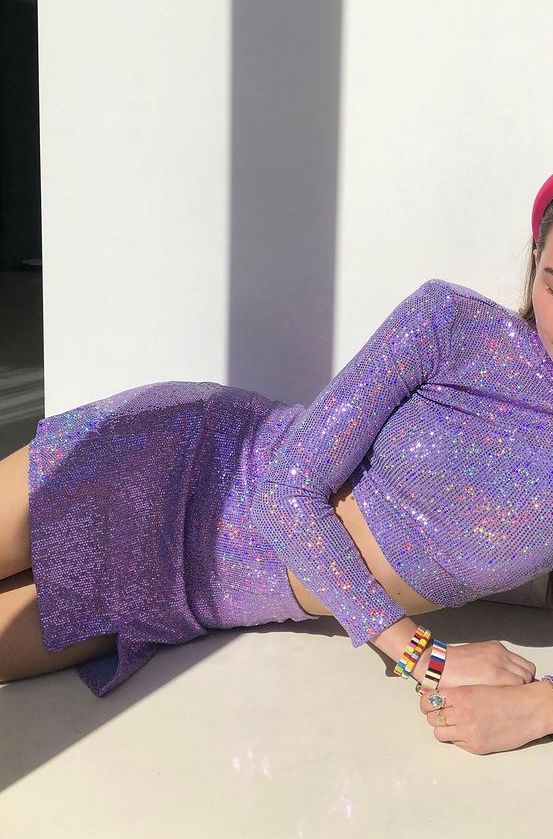 Purple Sparkly Two Piece Set, Taylor Swift Purple Outfit, Purple New Years Outfit, Sparkly Set Outfit, Purple Glitter Outfit, Purple Glam Outfit, Purple Sparkle Outfit, Lavender Concert Outfit, Shimmer Outfit Ideas