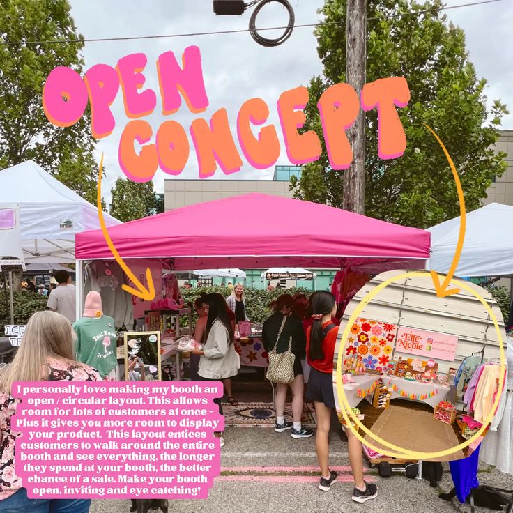 people are standing under a pink tent at an open concept event with information about it