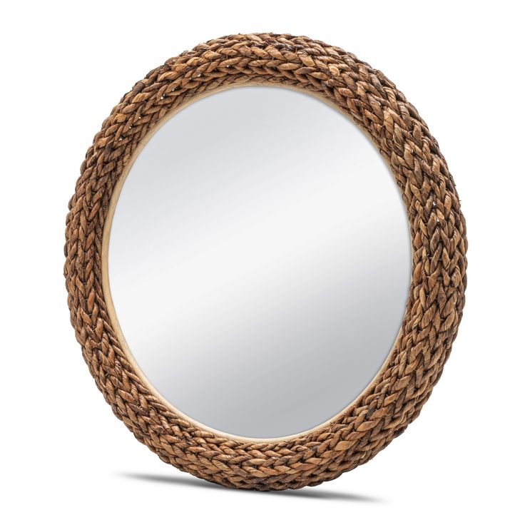 a round mirror that is made out of wood and has a woven rope around it