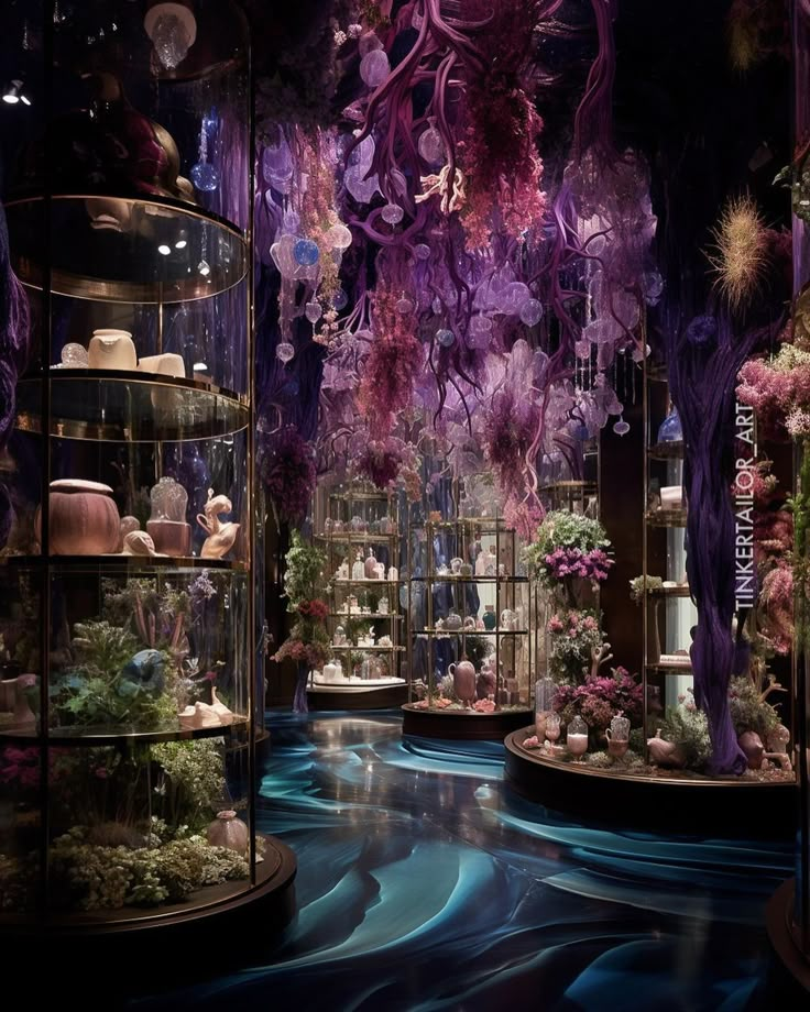 a room filled with lots of different types of flowers and plants inside of glass cases