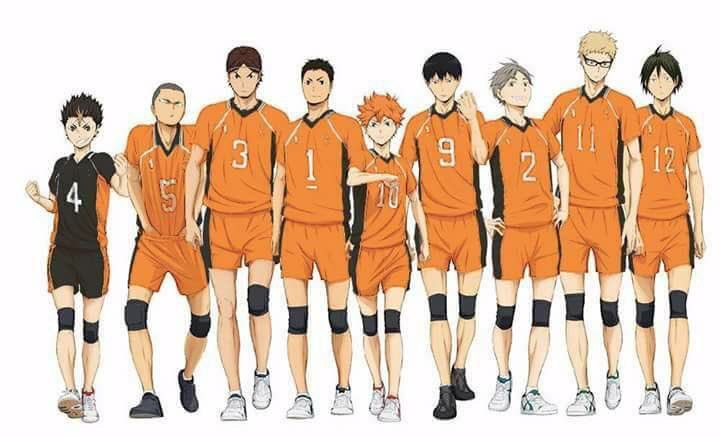 an anime team with orange uniforms and black shorts, all standing side by side in front of each other