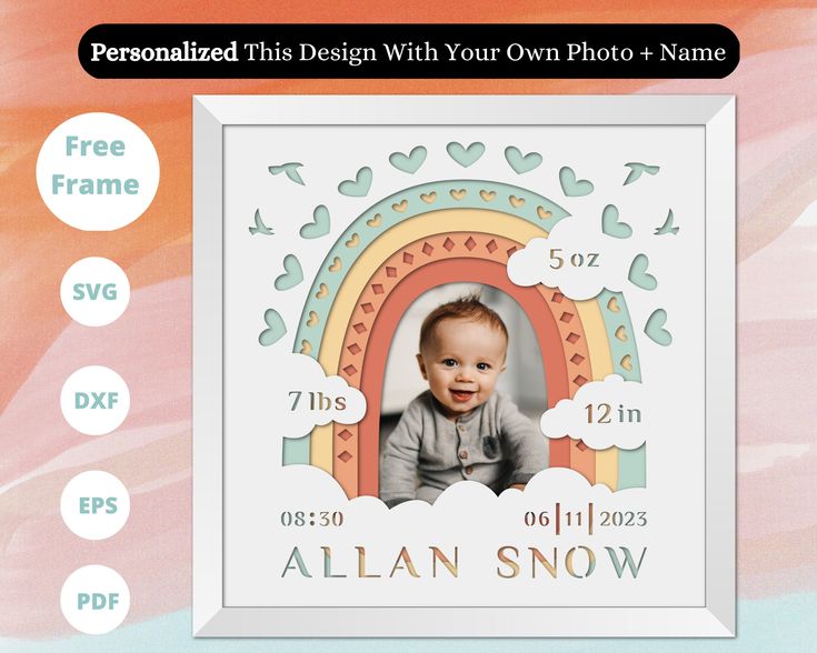 a baby's birth announcement with an image of a rainbow and clouds on it