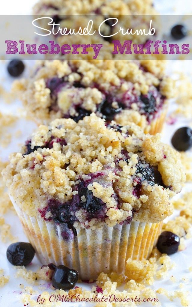 blueberry crumb muffins are sitting on a white surface with the title above it