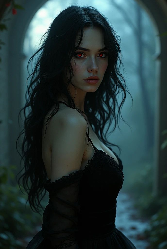 a woman with red eyes is standing in the woods by an arch and looking into the distance