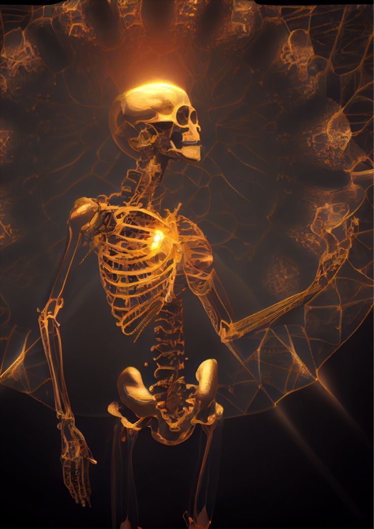 a skeleton is shown in the middle of an image with light coming from its back